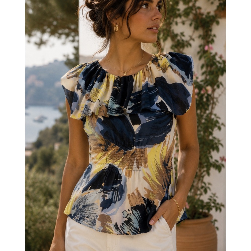 BCBGMAXAZRIA Silk Abstract Print Ruffle Smocked Waist Blouse  Small Resortwear